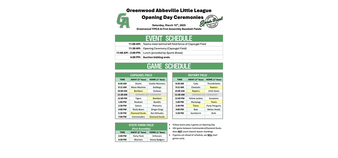 Opening Day Game Schedule
